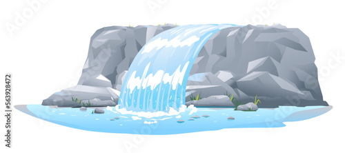 River waterfall falls from cliff in side view isolated illustration, picturesque tourist attraction with small waterfall and clear water, waterfall on steep wide rocky stream