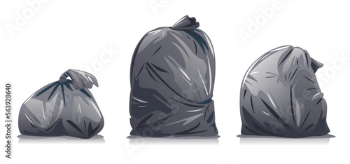 Set of three black different waste bags isolated on white, utilization of household waste, garbage bags ready to be taken to landfills