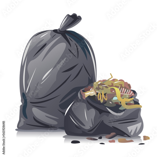 Two black garbage bags with organic waste composition isolated on white, utilization of household waste, garbage bags ready to be taken to landfills, open garbage bag with food waste