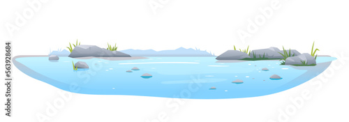 Small blue decorative pond with stones and grass, water composition for landscape design isolated on white, close-up view of the lake shore