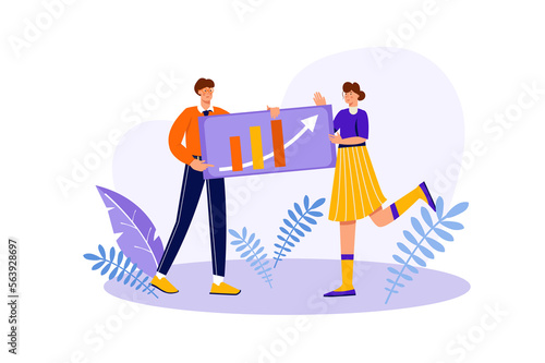 Teamwork concept with people scene in flat cartoon design. Colleagues analyze the successful development of the company, which was achieved thanks to teamwork.