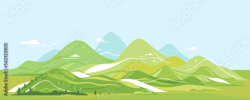 High green mountains in sunny day with spruce forest and blue sky in simple geometric form, nature tourism landscape background in view from afar, travel adventure panorama of the mountain range