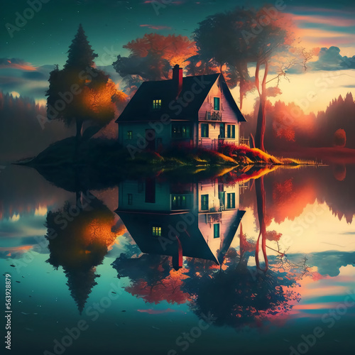 house in lake, house at sunset photo