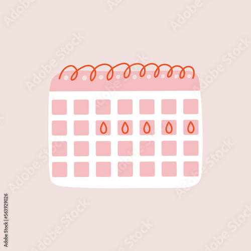 Calendar planner for menstrual critical days. Checklist schedule for intensity menstruation cycle. Woman period mark blood. Hand Drawn vector illustration