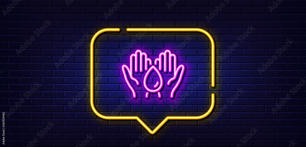 Neon light speech bubble. Safe water line icon. Fluid sign. Ecology energy symbol. Neon light background. Safe water glow line. Brick wall banner. Vector