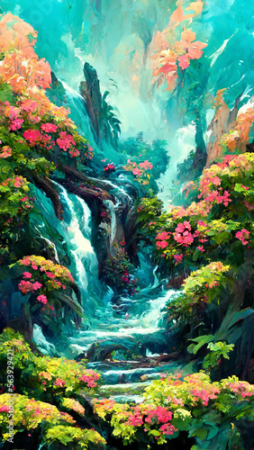 forest Mayan style riverside flowers and trees illustration art Generative AI Content by Midjourney © simon
