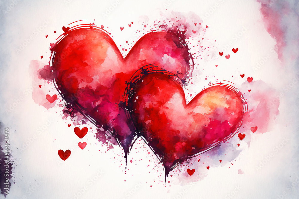 Red hearts as love symbol watercolor design. Generative ai.