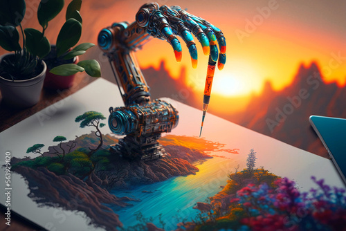 Robot arm is painting beautiful ki design. Generative ai.