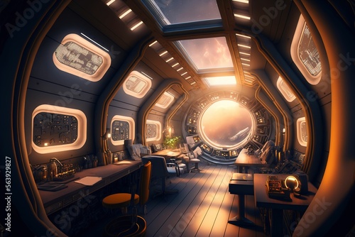 Fototapeta Naklejka Na Ścianę i Meble -  Futuristic spaceship cockpit interior. Future spacecraft control panels technology, space travel concept ,made with Generative AI