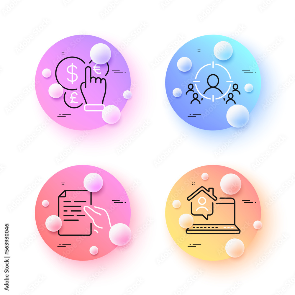 Work home, Business targeting and Hold document minimal line icons. 3d spheres or balls buttons. Money currency icons. For web, application, printing. Vector Work home, Business targeting and Hold document minimal line icons. 3d spheres or balls buttons. Money currency icons. For web, application, printing. Vector