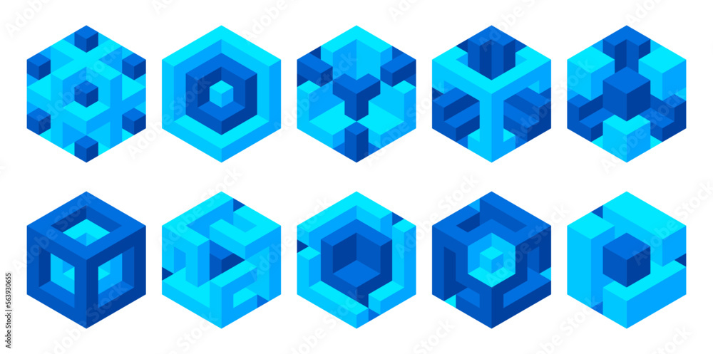 Set of illusory cubes made of blocks. The isometric cube turns in different angles with 3D effect. Set of illusory cubes made of blocks. The isometric cube turns in different angles with 3D effect.