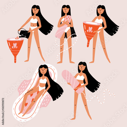 Girls with menstruation pads cups tampons. Protection for menstrual period in critical days. Intimate hygiene health for vagina. Hand Drawn vector illustration