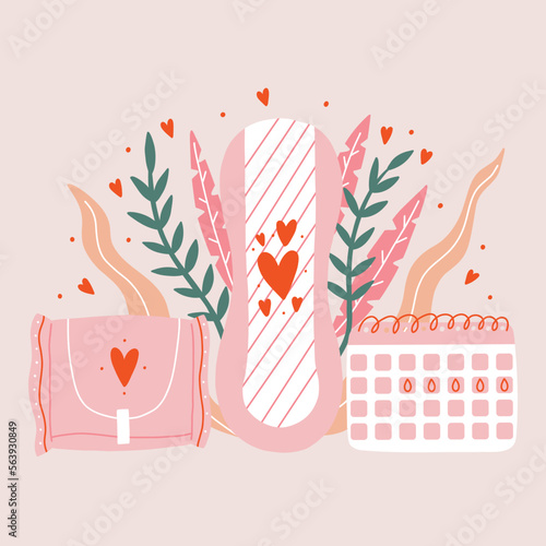Illustration of female period menstruation pad calendar. Menstrual period in critical days. Intimate hygiene health for vagina. Hand Drawn vector illustration