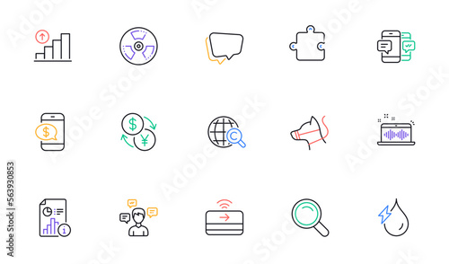 Currency exchange, Conversation messages and Graph chart line icons for website, printing. Collection of Hydroelectricity, Phone payment, Smartphone sms icons. Search. Vector