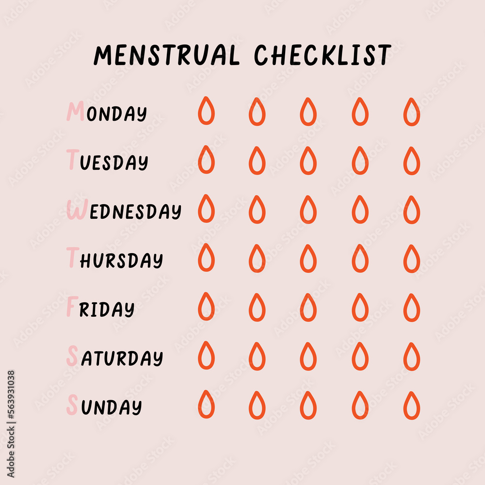 Menstrual intensity period checklist. Checklist schedule for intensity menstruation cycle. Woman period mark blood. Hand Drawn vector illustration - obrazy, fototapety, plakaty 
