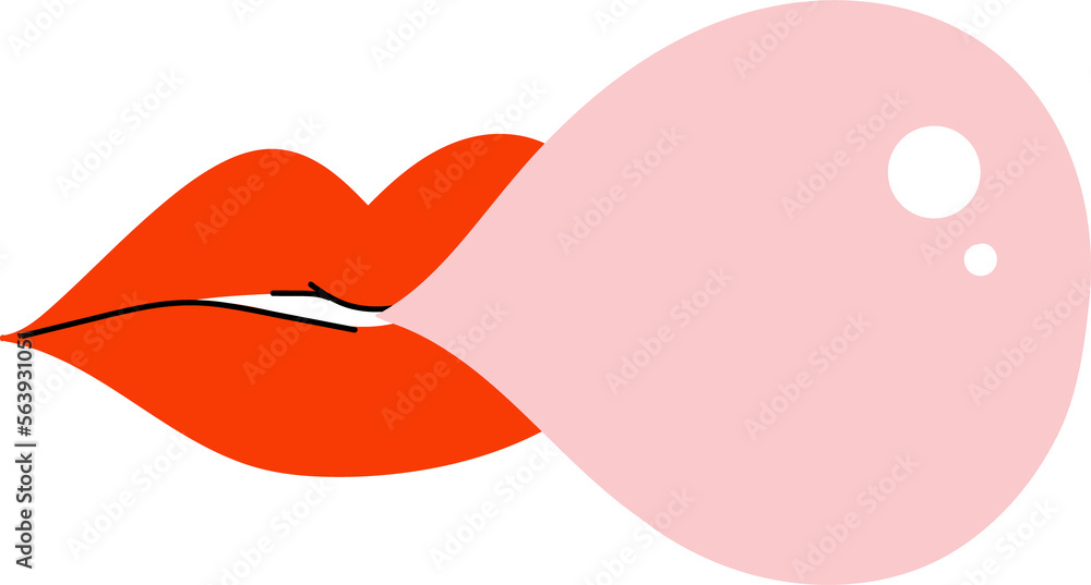 Valentine romantic sexy red lips, pink bubble gum. Valentines day hand drawn element in cute cartoon doodle style, png illustration