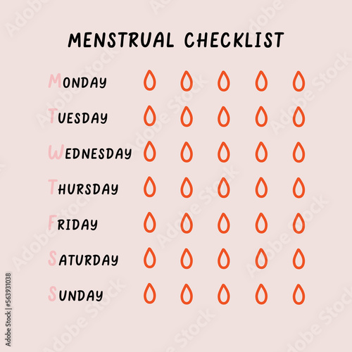 Menstrual intensity period checklist. Checklist schedule for intensity menstruation cycle. Woman period mark blood. Hand Drawn vector illustration