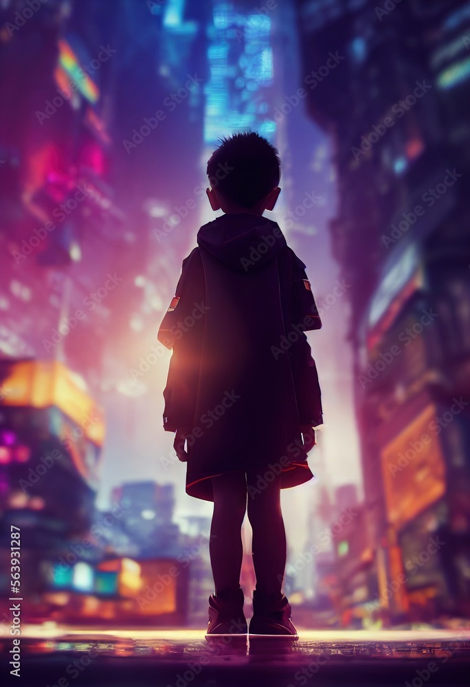 Obraz premium Cyberpank style portrait of boy. Generative AI