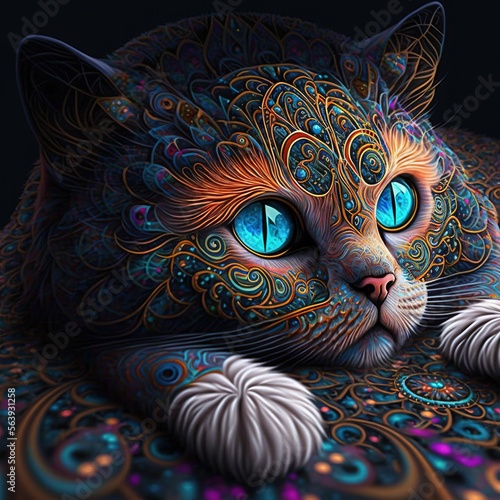 Cat with peacock pura. Generative AI © Matyfiz