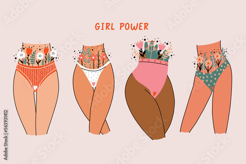 Women hips in shorts with flowers. Women menstrual period. Intimate hygiene health. Hand Drawn vector illustration