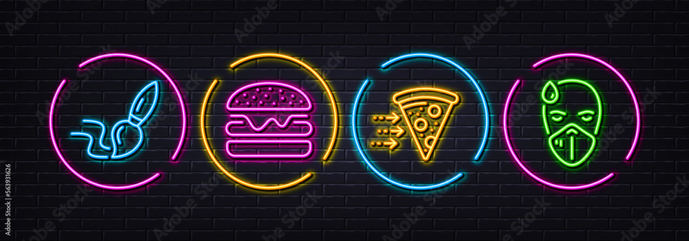 Naklejka premium Burger, Brush and Food delivery minimal line icons. Neon laser 3d lights. Sick man icons. For web, application, printing. Hamburger food, Art brush, Piece of pizza. Epidemic protection. Vector