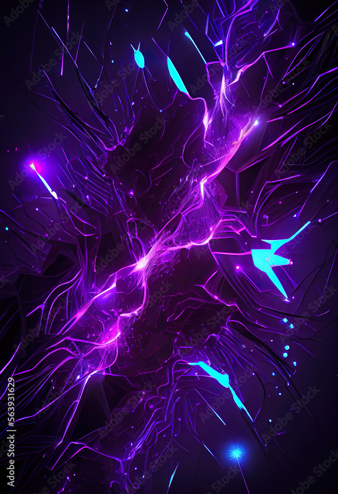 Futuristic abstract purple background with neon lights and glowing particles.  
Digitally generated AI image