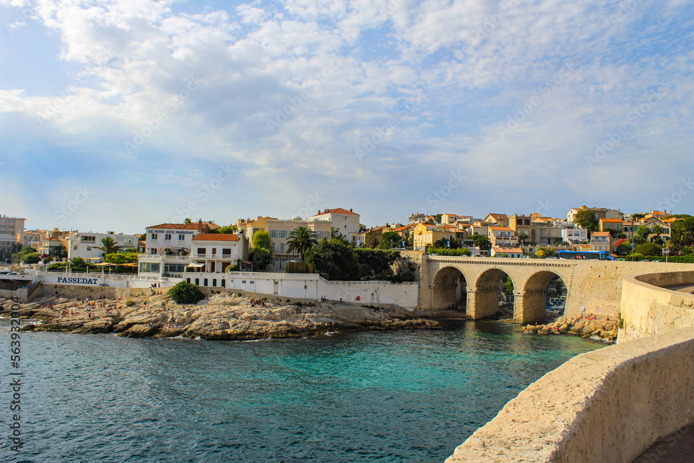 Mediterranean coast with a bridge in the city of Marseille in France.