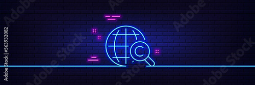 Neon light glow effect. International Ð¡opyright line icon. Copywriting sign. World symbol. 3d line neon glow icon. Brick wall banner. International Ð¡opyright outline. Vector