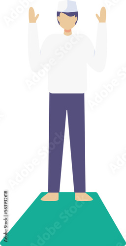 a man wearing a white koko shirt and navy blue trousers equipped with a cap is praying on a green prayer mat
