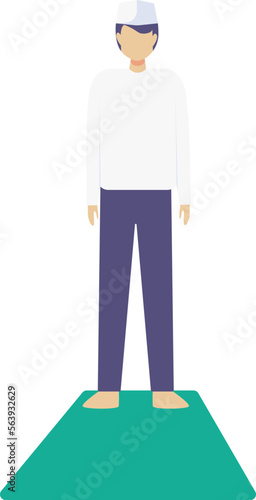 a man wearing a white koko shirt and navy blue trousers equipped with a cap is preparing to pray on a green prayer mat
