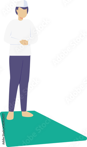a man wearing a white koko shirt and navy blue trousers and a cap is standing praying
