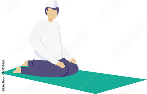 a man wearing a white koko shirt and navy blue trousers equipped with a cap is praying

