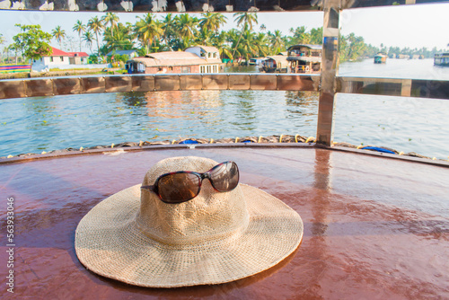 Showing hat in Alappuzha Or Alleppey boathouse on Backwater in Kerala. Travel with family and tourism concept. selective focus on subject.