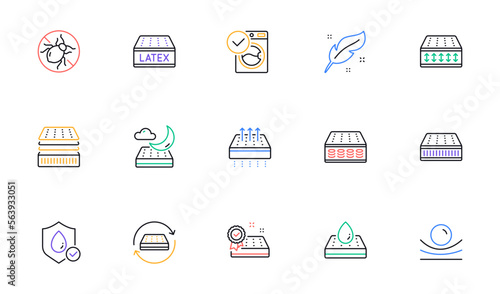 Mattress line icons set. Memory foam, pillow, latex. Breathable, washable, bed tick icons. Light weight, natural material, pocket sprung mattress. Bed mite, antiallergic latex. Vector