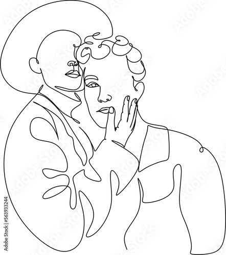 One continuous, single line  drawing of a woman and a man. Hugs of a young couple, lovers, woman and man. Valentine's Day illustration.  Romantic.