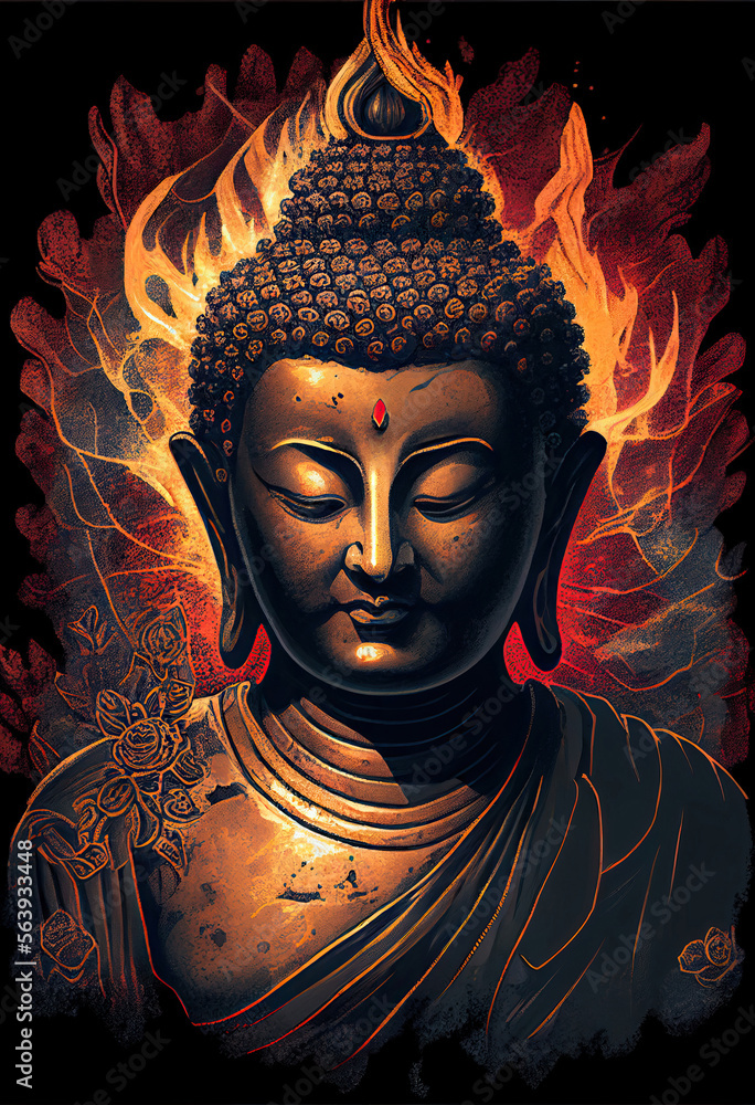 Portrait of a bronze Buddha with flames of fire from behind. Generative AI Portrait of a bronze Buddha with flames of fire from behind. Generative AI