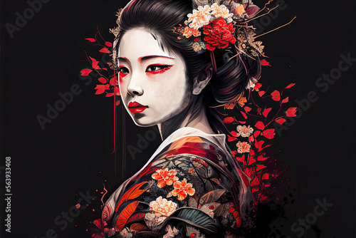 Illustration of a geisha on a black background.Generative AI photo