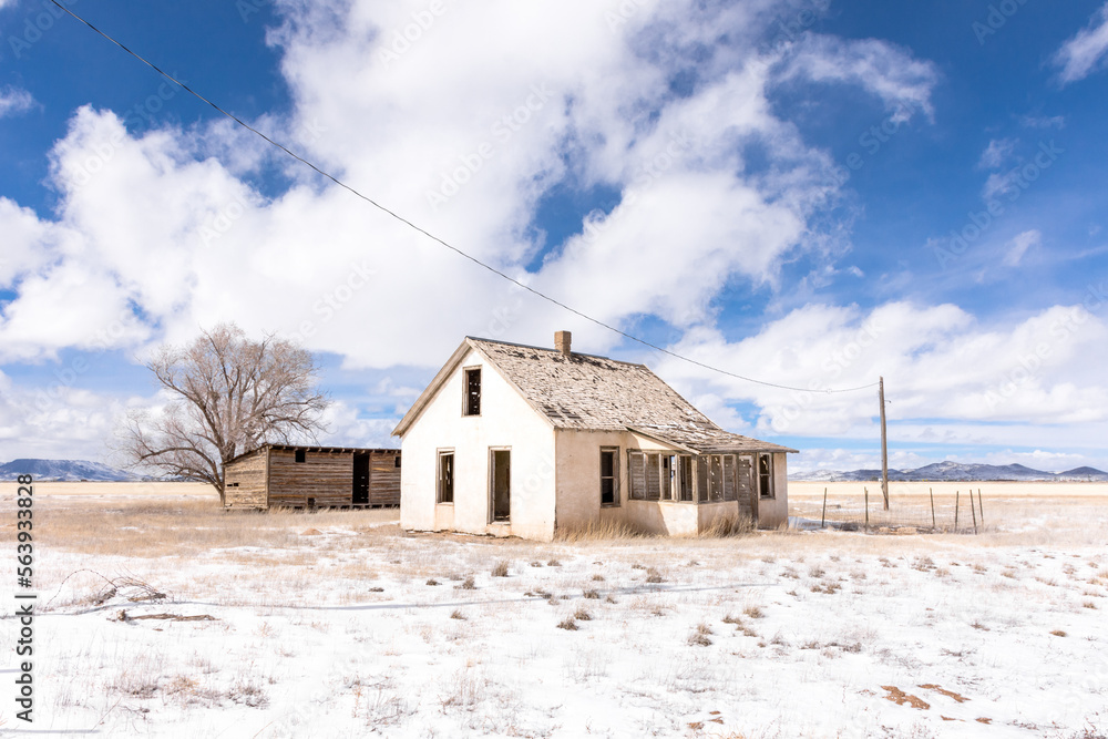 Abandoned homestead with tree and out building on potato farm, San Luis Valley, Colorado, with blue sky, clouds, and snow on a winter day