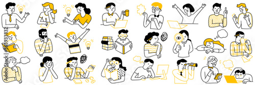 Various character doodle illustration of people finding creative ideas concept, thinking, reading, find solution or knowledge, imagination. Outline, linear, thin line art, hand drawn sketch.   photo