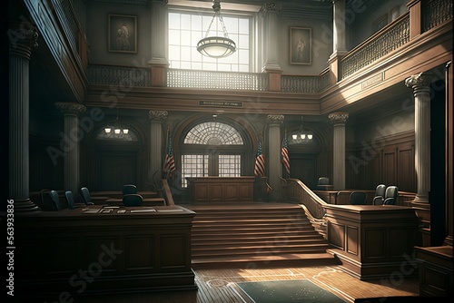 Classic American Courtoom, Illustration, dramatic lighting