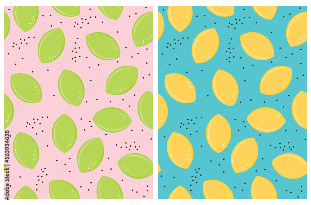 Green Lemons on a Pastel Pink Background. Yellow Citrus on a Turquoise Blue. Simple Colorful Friut Seamless Vector Patterns ideal for Wrapping Paper, Fabric. Funny Print with Food.