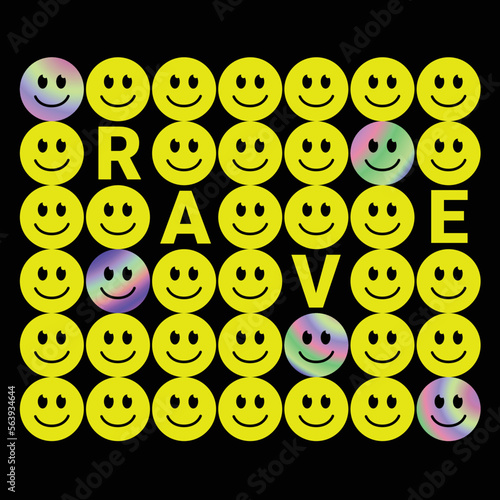 Psychedelic poster with holographic smiles. Acid rave. Trendy illustartion. Vector.
