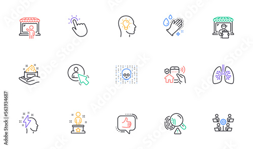 Fingerprint, Success and Skin care line icons for website, printing. Collection of Delivery market, Washing hands, Market seller icons. Teamwork, Cyber attack, Touchpoint web elements. Vector