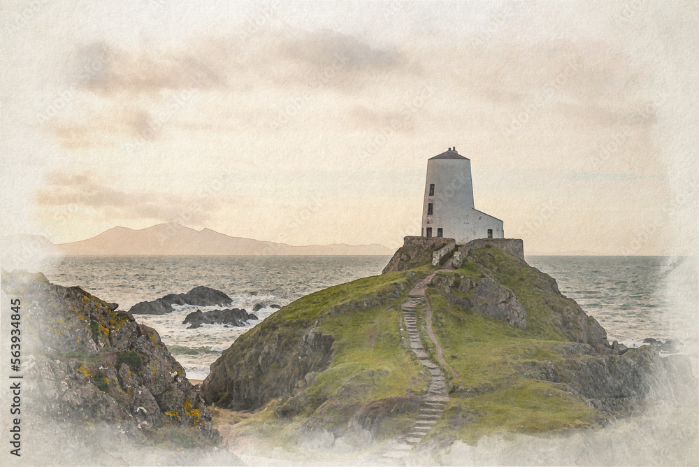Digital watercolor painting of Llanddwyn island lighthouse, Twr Mawr at Ynys Llanddwyn.