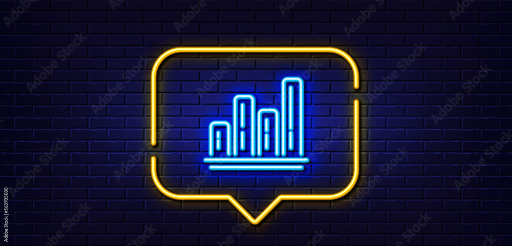 Neon light speech bubble. Graph line icon. Column chart sign. Growth diagram symbol. Neon light background. Graph chart glow line. Brick wall banner. Vector Neon light speech bubble. Graph line icon. Column chart sign. Growth diagram symbol. Neon light background. Graph chart glow line. Brick wall banner. Vector