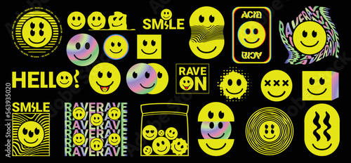 Acid style of smiles hipster, trendy sticker set. Psychedelic badges. Rave trippy patches. Vector illustration © Igor