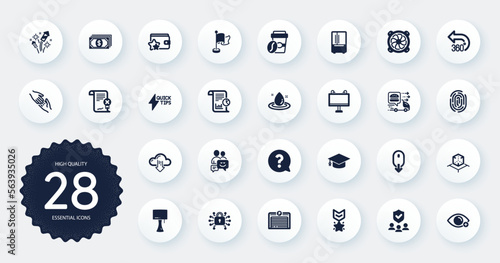 Set of Business icons, such as Helping hand, Question mark and Fingerprint flat icons. Table lamp, 360 degrees, Winner medal web elements. Fuel energy, Cloud download, Computer fan signs. Vector