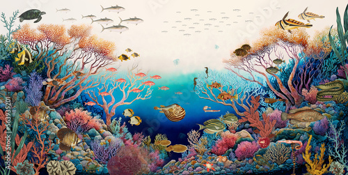 Tela Wallpaper of the bottom of the Gulf in the Red Sea with colorful fish, coral ree