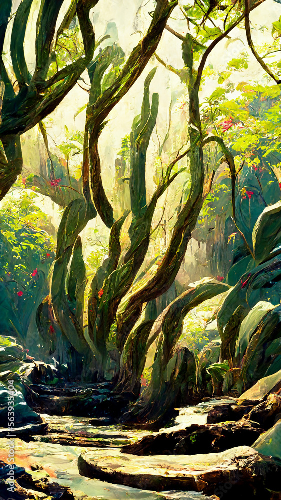 Fototapeta premium forest Mayan style riverside flowers and trees illustration art Generative AI Content by Midjourney