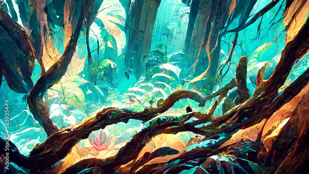 Naklejka premium forest Mayan style riverside flowers and trees illustration art Generative AI Content by Midjourney